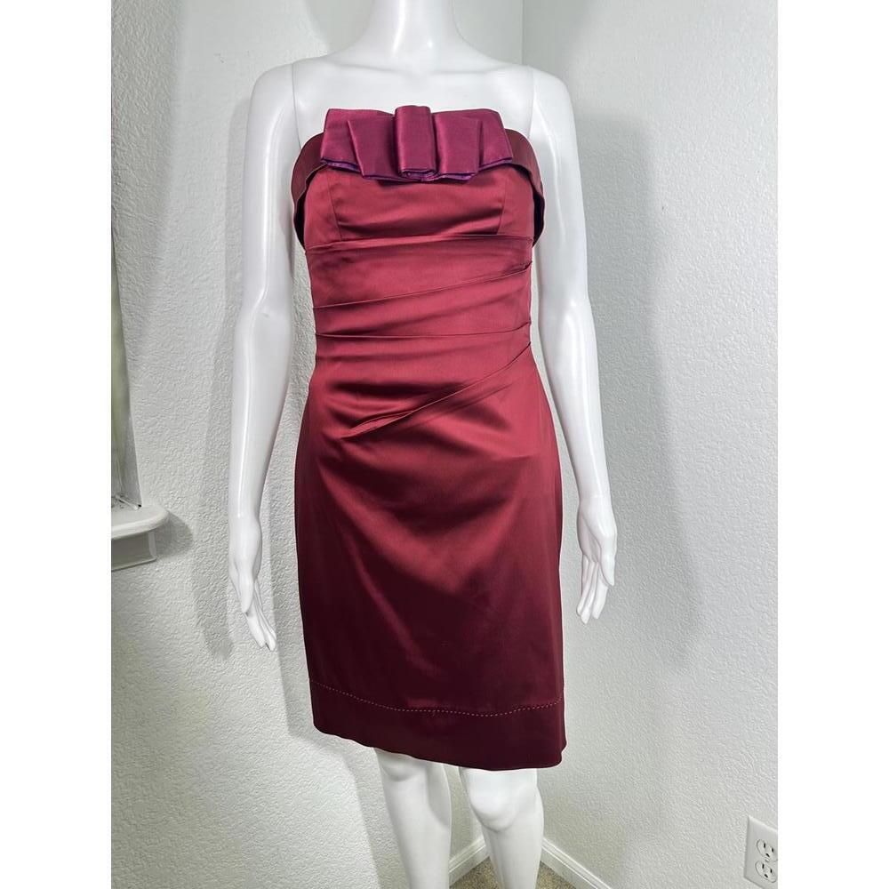 Phoebe Couture Sz 4 Strapless Satin Cocktail Dress Bow Ruched Sheath Coquette